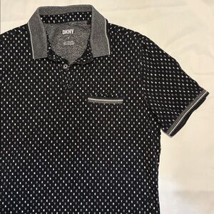 Men’s Small DKNY All Over Logo Print Black and White Casual Golf Polo Shirt